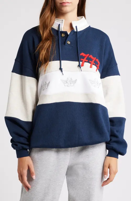 BOYS LIE Better Luck Next Time Stripe Graphic Henley Sweatshirt in Navy at Nordstrom, Size X-Small | Nordstrom