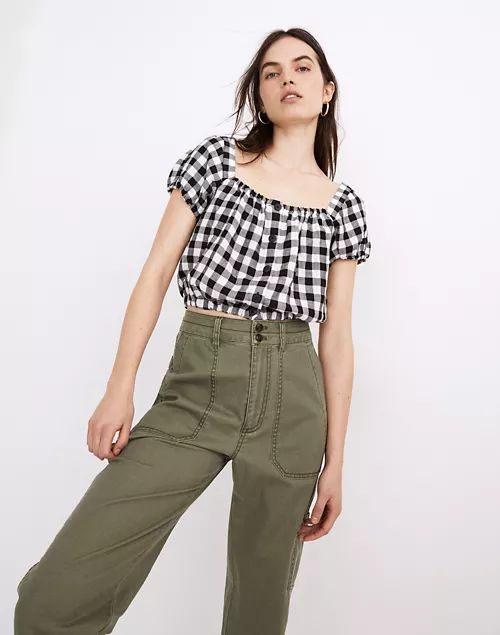 Linen-Blend Puff-Sleeve Button-Front Crop Top in Gingham Check | Madewell