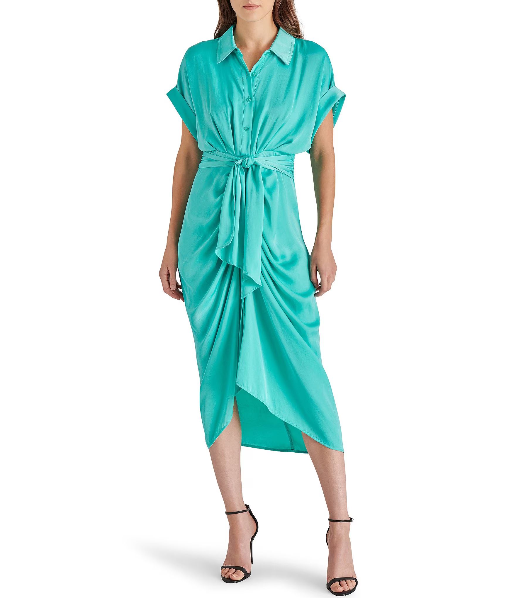 Tori Satin Point Collar Short Kimono Cuff Sleeve Belted Ruched Front Asymmetrical Hem Midi Shirt ... | Dillard's