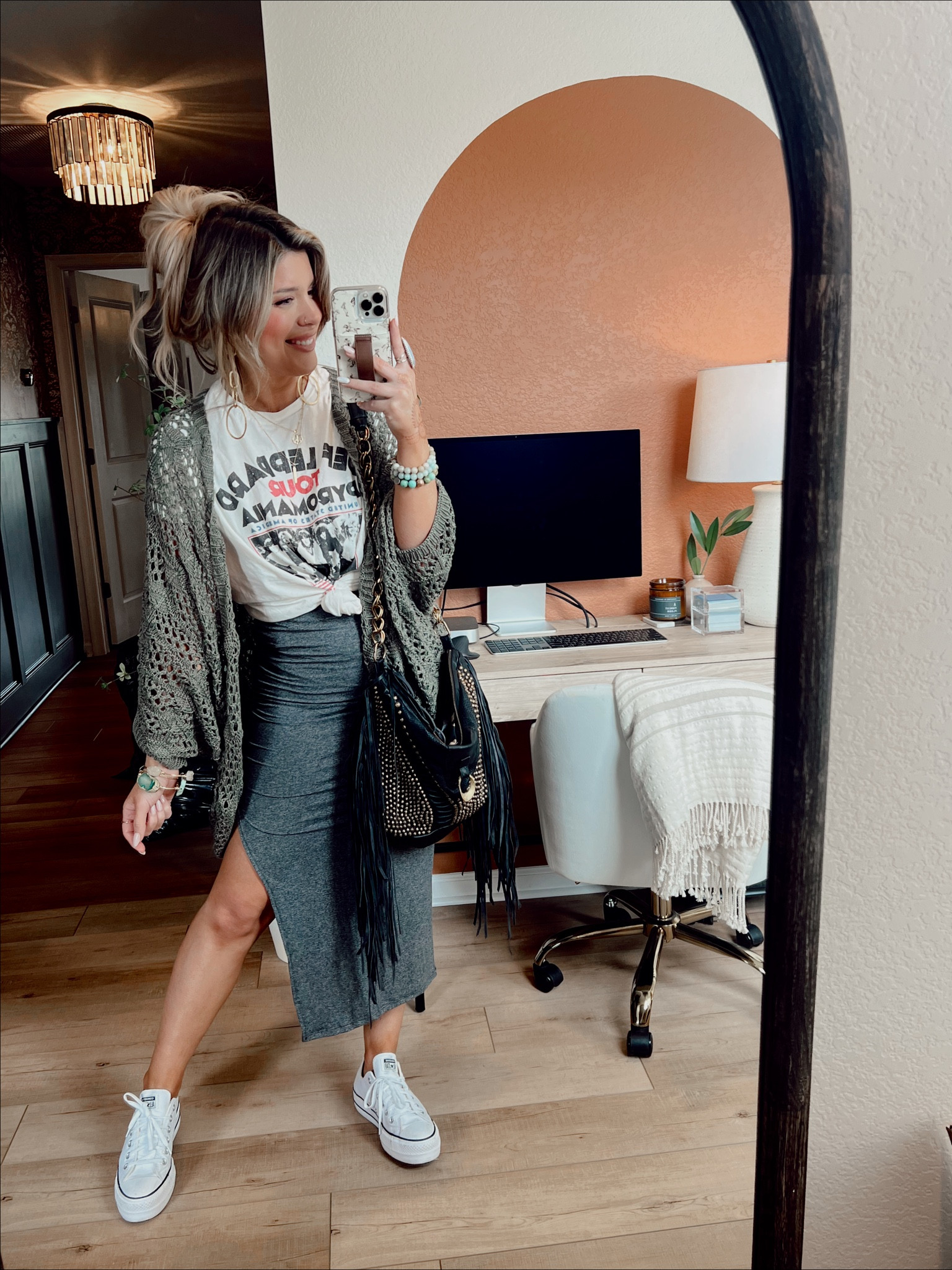 Today’s Look 
Shirt/Skirt/ Cardigan - Mindy Mae’s Market size small 
Purse- Free People
Shoes- Converse TTS
Earrings- Zara 
Necklaces- Victoria Emerson and Pretty Outlaw Jewelry 
Ring- Goldie Lew
Bracelets - Bourbon & Bowties, Kinsley Armelle 