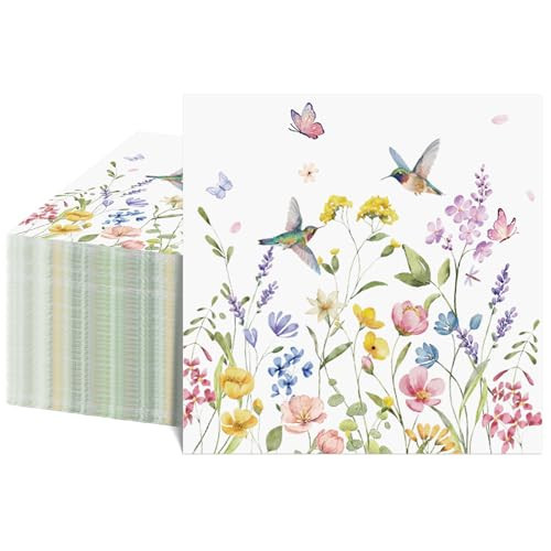 NatNarr 100 Pcs Wildflower Napkins, 2-Ply Floral Cocktail Napkins Spring Decoupage Napkin Butterfly Hummingbird Flower Dessert Beverage Napkin for Baby Shower, Tea Party, Easter | Amazon (US)