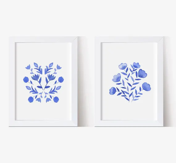 Blue and White Set, Watercolor Picture, Blue and White Flowers, Watercolor Print, Floral Pictures... | Etsy (US)
