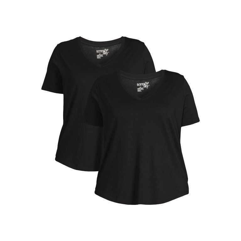Terra & Sky Women's Plus Size V-Neck T-Shirt with Short Sleeves, 2-Pack | Walmart (US)
