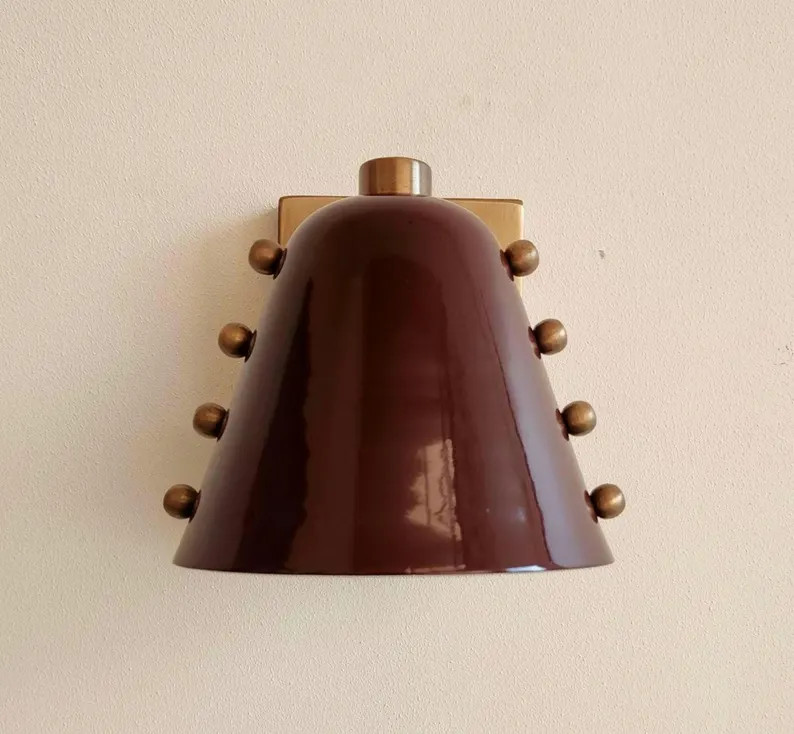 Mid-Century Brass Wall Sconce, Bold Cone Design Burgundy shade with Rivet Accents | Etsy (US)