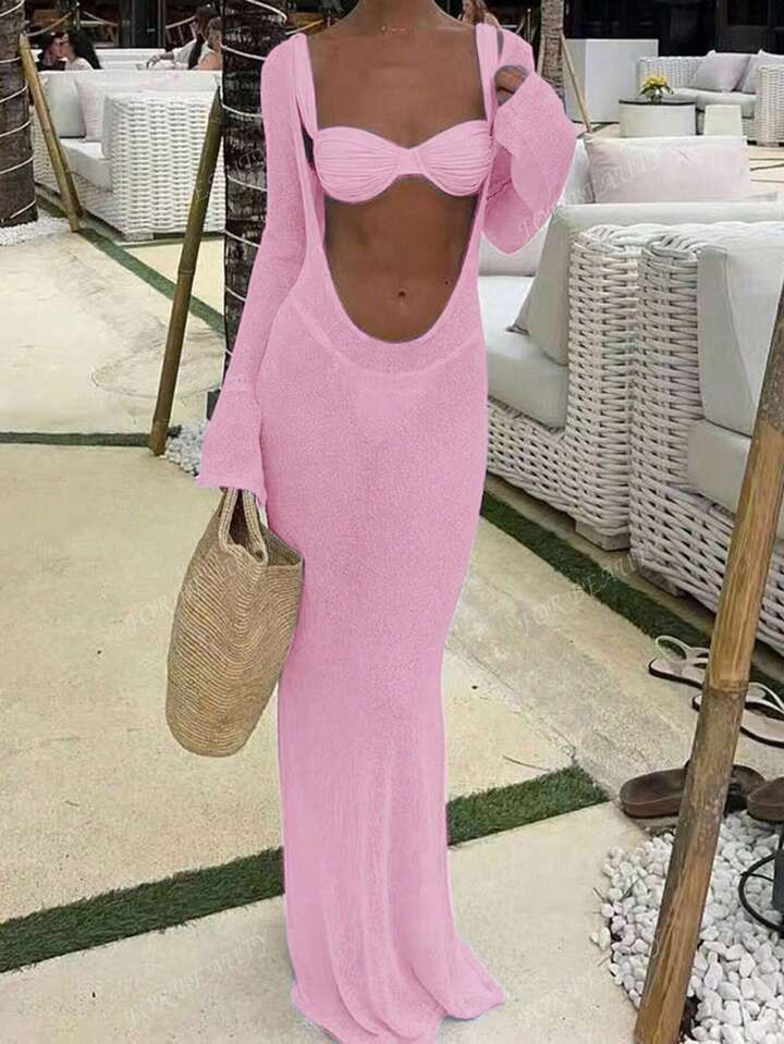 FOR BEAUTY Spring And Summer New Women's Pullover Dress, Sexy And Spicy Casual Beach Vacation Style, Deep Neck Hollow Semi Transparent Design, Knitted Medium Length Dress | SHEIN