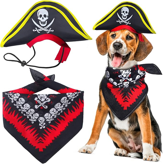 2 Pieces Skull Print Pet Pirate Hat with Pirate Skull Bandana Dog Cat Captain Cap Halloween Pirat... | Amazon (US)