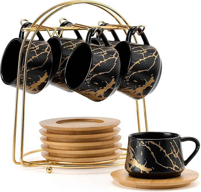 LUKA Ceramic Espresso Cups with Saucers and Metal Stand, Small 4 oz Porcelain Demitasse Cups Set ... | Amazon (US)