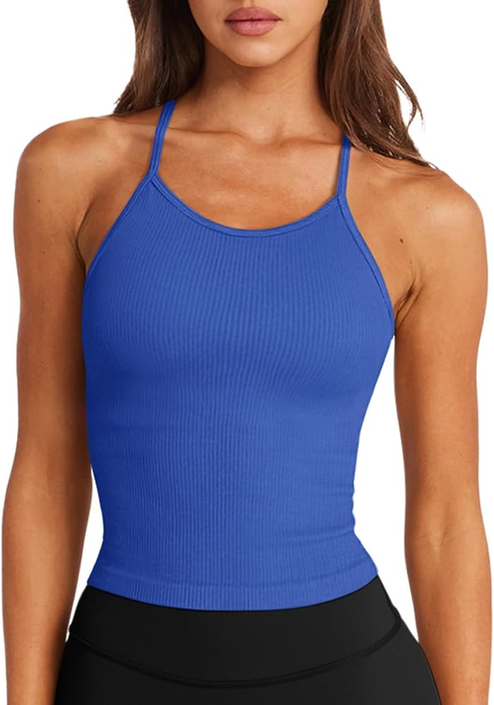 LASLULU Womens Sports Bra Seamless Long Tank Spaghetti Strap Workout Bra | Amazon (US)