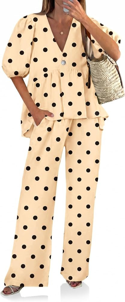Tankaneo Womens 2 Piece Linen Sets Summer Vacation Outfits V Neck Puff Sleeve Babydoll Tops Wide ... | Amazon (US)