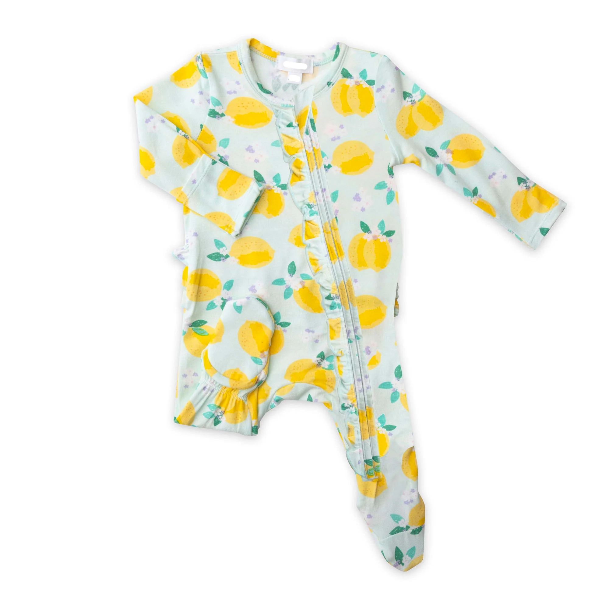 Ruffle Zip Footie, Lemons Blue | SpearmintLOVE