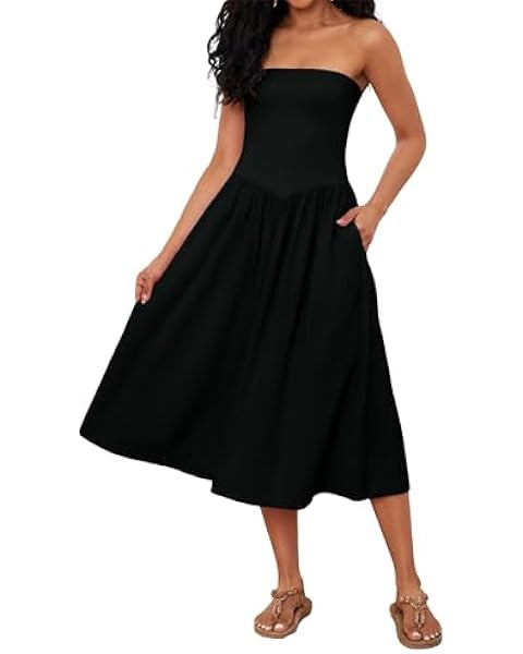 Women Strapless Tube Top Maxi Dresses Patchwork Casual Sleeveless Backless Dresses Swing Basic So... | Amazon (US)