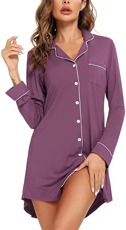 Senert Nightgown for Women Sleep Shirt Short Long Sleeve Sleepwear Boyfriend Nightshirt Button Do... | Amazon (US)