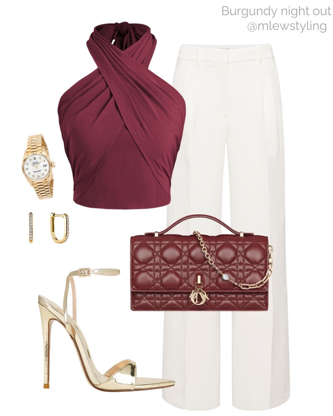 Night out look with burgundy 🥀

Tags: date night outfit, autumn party look, burgundy halter top by cider, aritzia effortless pants, wide leg white trousers, femme LA gold stiletto sandals, gold watch, Mejuri U earrings, burgundy evening bag 

#LTKParties #LTKShoeCrush #LTKItBag