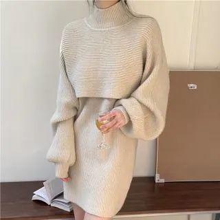 Set: Long-Sleeve Turtleneck Cropped Sweater + Mock-Neck Knit Mini Tank Dress | YesStyle Global