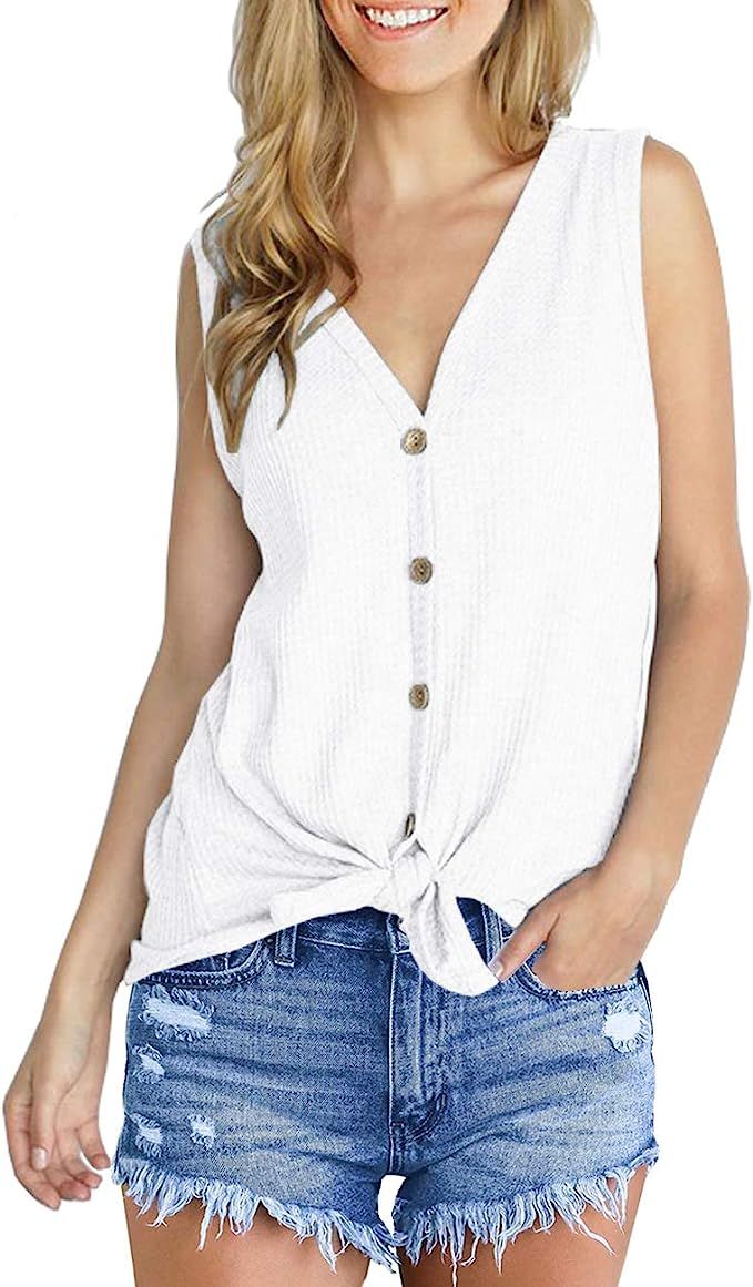 IWOLLENCE Womens Loose Henley Blouse Sleeveless Button Down T Shirts Tie Front Knot Tops | Amazon (US)