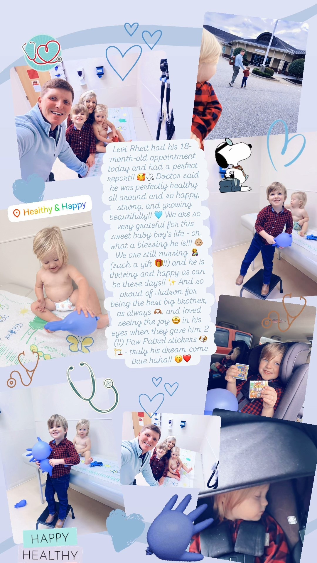 Levi Rhett had his 18-month-old appointment today and had a perfect report!! 🥰🩺 Doctor said he was perfectly healthy all around and so happy, strong, and growing beautifully!! 🩵 We are so very grateful for this sweet baby boy’s life - oh what a blessing he is!!! 👶🏼  We are still nursing 🤱 (such a gift 🎁!!) and he is thriving and happy as can be these days!! ✨ And so proud of Judson for being the best big brother, as always 🫶🏽, and loved seeing the joy 🤩 in his eyes when they gave him 2 (!!) Paw Patrol stickers 🐶🏗️ - truly his dream come true haha!! 🤭❤️ 