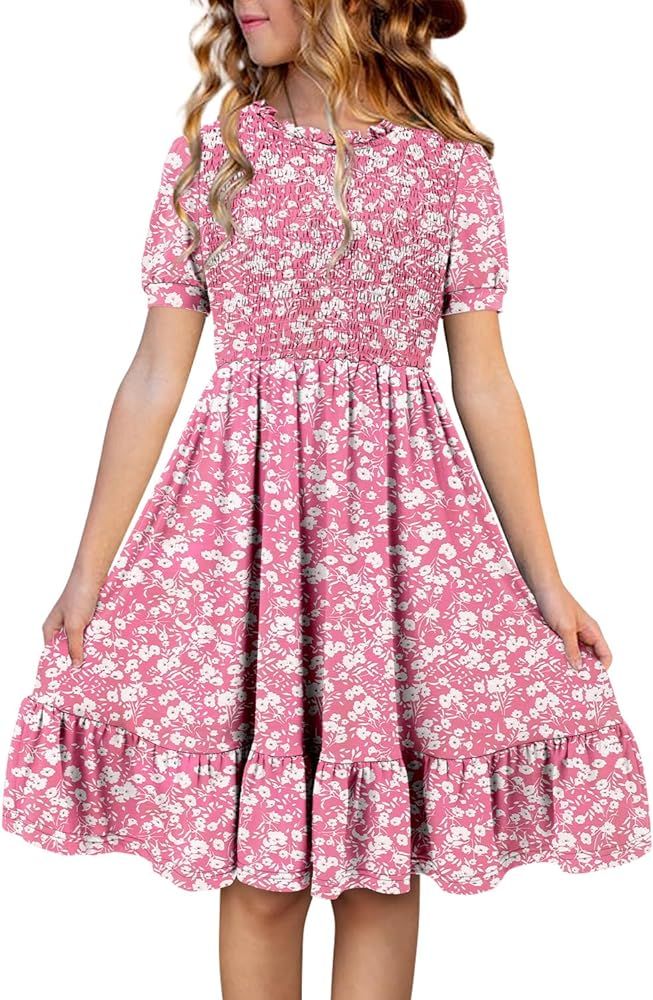 storeofbaby Girls Casual Dress Summer Puff Short Sleeve Smocked Ruffle Dresses 5-14 Years | Amazon (US)
