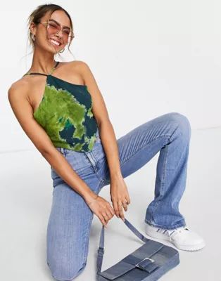 Pull&Bear lace up halterneck cropped top with open back in blue tie dye | ASOS (Global)