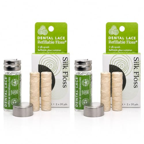 Dental Lace Refillable Silk Dental Floss - 100% Silk Floss with Mint Flavor, PFAS & PTFE Free - Includes 2 Refillable Wave Glass Floss Container and 4 Spools (Total 120 Yards) - Recyclable Packaging | Amazon (US)