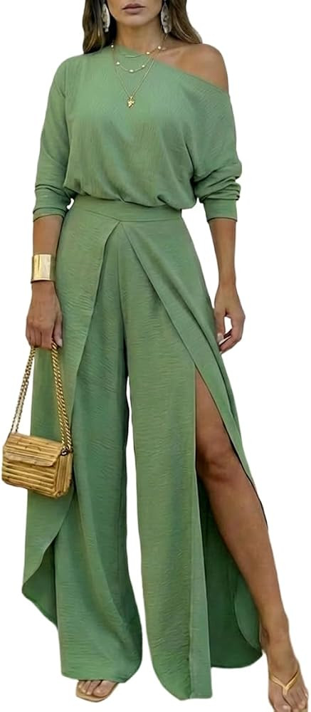CHICME Women Summer 2 Piece Outfits Off Shoulder Batwing Sleeve Top Flowy Slit Wide Leg Pants Set... | Amazon (US)