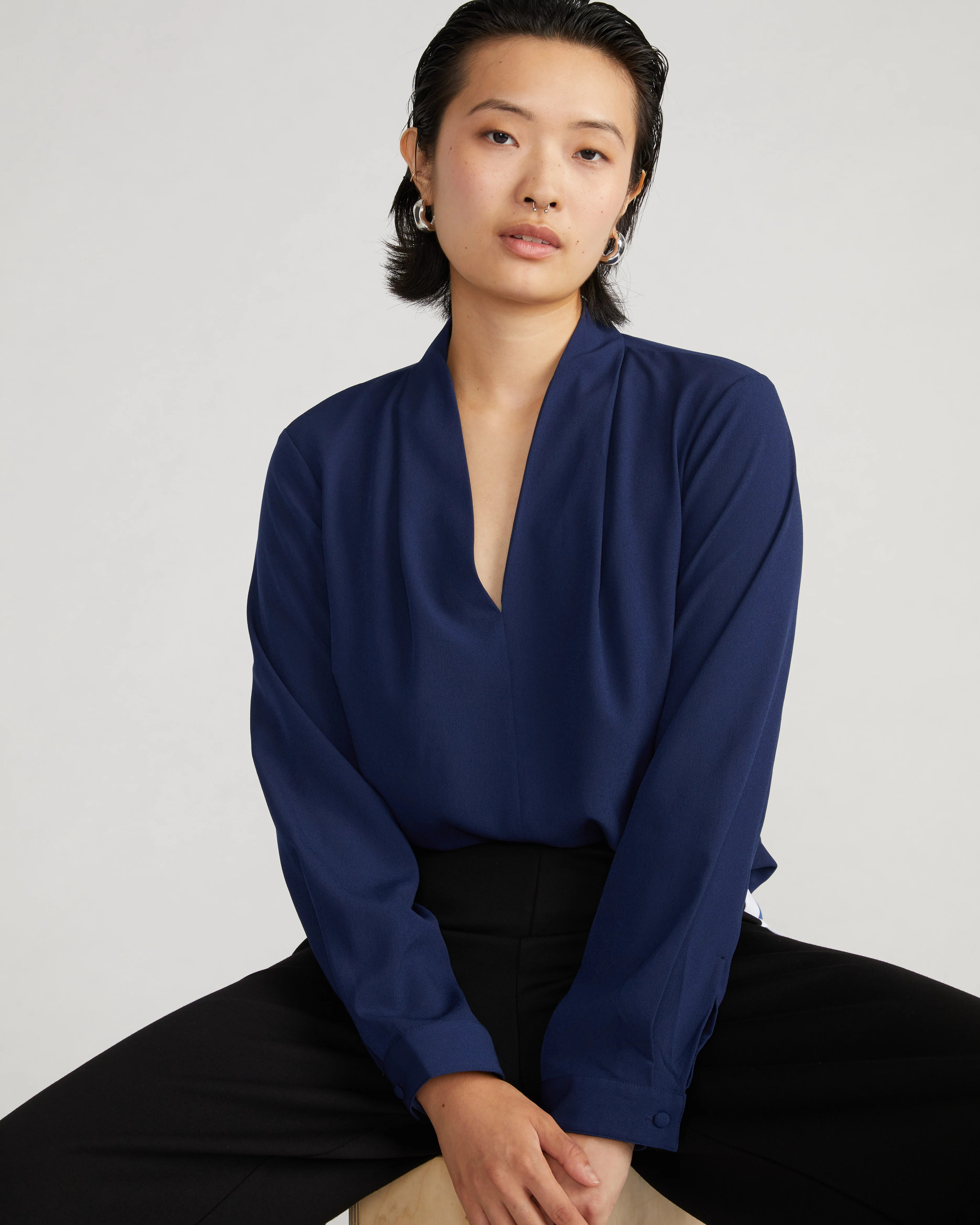 Better-Than-Silk Long Sleeve V-Neck Top - Brilliant Navy | Universal Standard