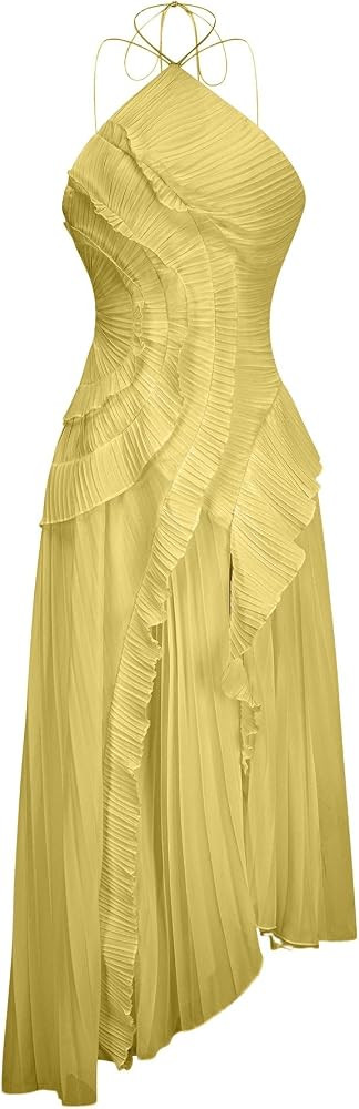 Women Pleated Halter Long Dress Elegant Sleeveless Flowy Irregular Tiered Midi Dress Fashion Sexy... | Amazon (UK)