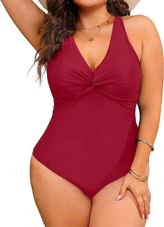 Aqua Eve Women Plus Size One Piece Swimsuits V Neck Tummy Control Bathing Suits Front Cross Swimw... | Amazon (US)