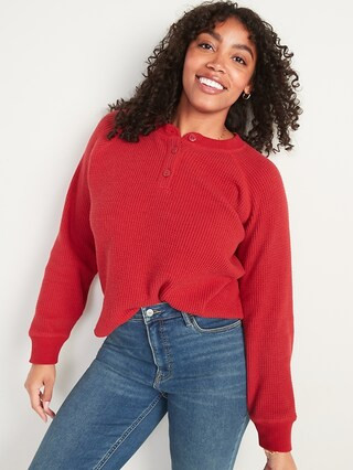 Loose Cropped Cozy Long-Sleeve Henley T-Shirt | Old Navy (US)