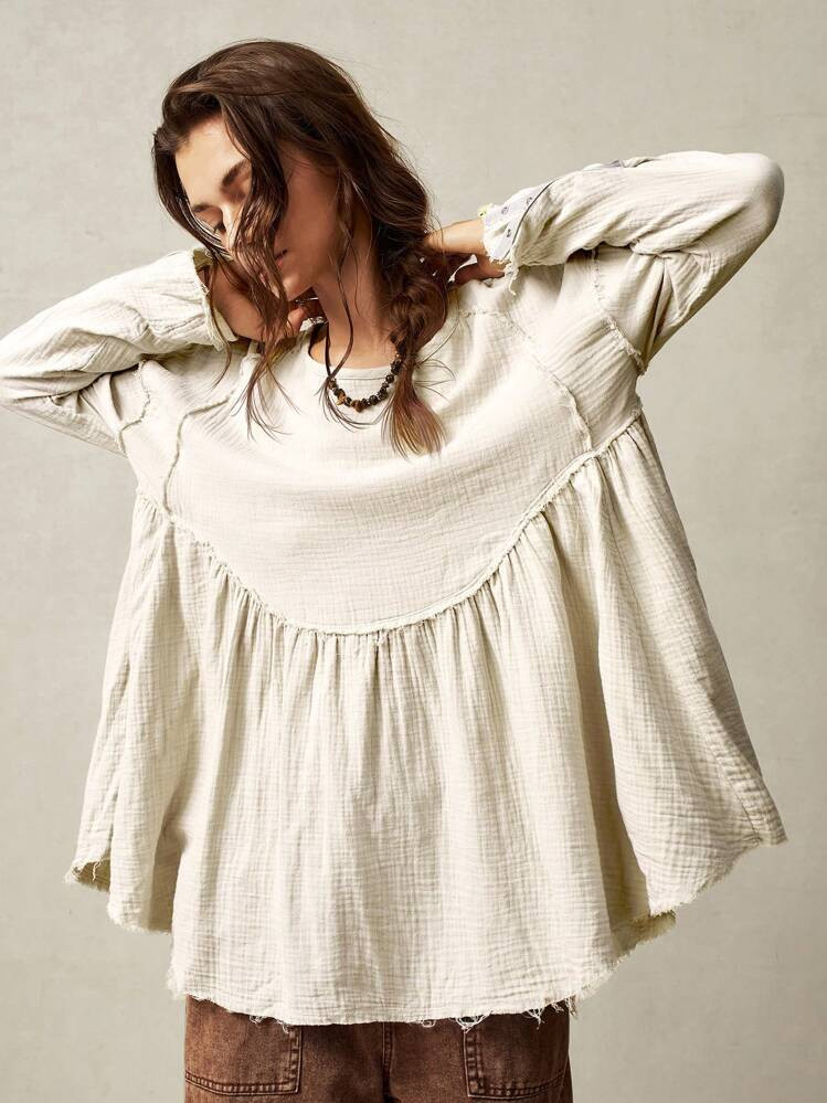 Bohemela Vacation Solid Woven Loose Fit Long Sleeve Long Women's Blouse | SHEIN