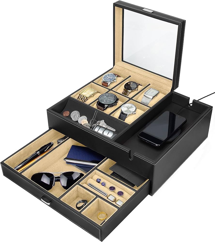 HOUNDSBAY Commander Dresser Valet Watch Box Case & Mens Jewelry Box Organizer with Smartphone Cha... | Amazon (US)