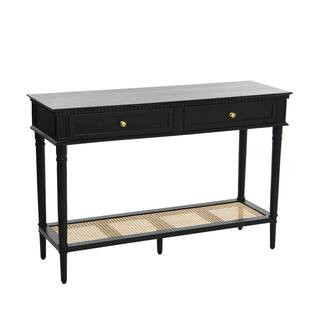 Maxwelton 48 in. Black Acacia Wood Console Table with Drawers and Woven Cane Shelf | The Home Depot