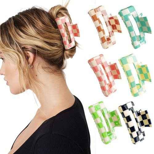papasgix 6 PCS Checkered Hair Claw Clips, 3.15" Multicolored Large Square Hair Clips, Non-Slip Claw Clips for Thick Hair Rectangle Hair Styling Accessories with Strong Hold | Amazon (US)