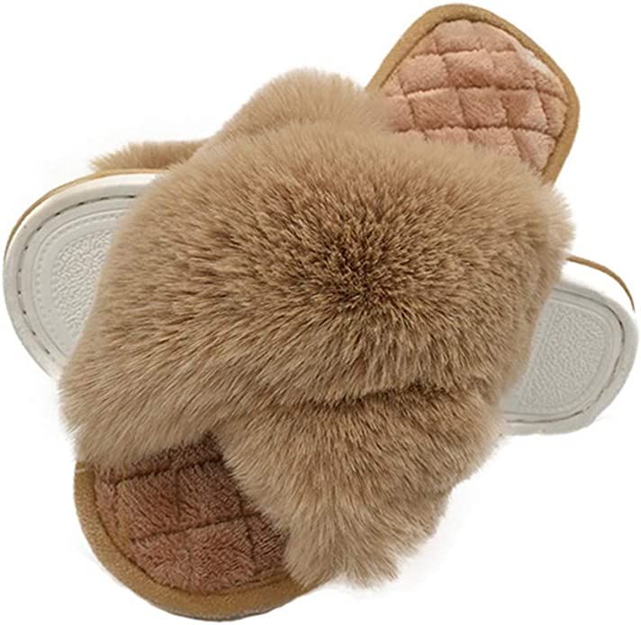 HUMIWA Women's Cross Band Slippers Soft Open Toe Furry Cozy Fur House Slippers Memory Foam Sandal... | Amazon (US)