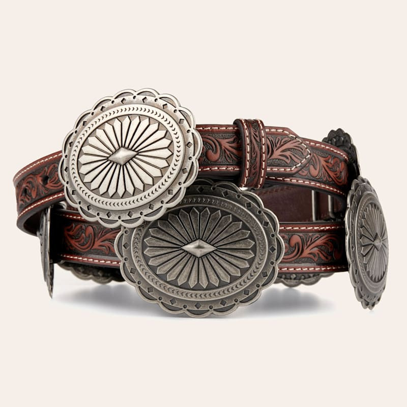 Ariat Women's Brown Tooled with Silver Oval Floral Conchos Belt | Cavender's