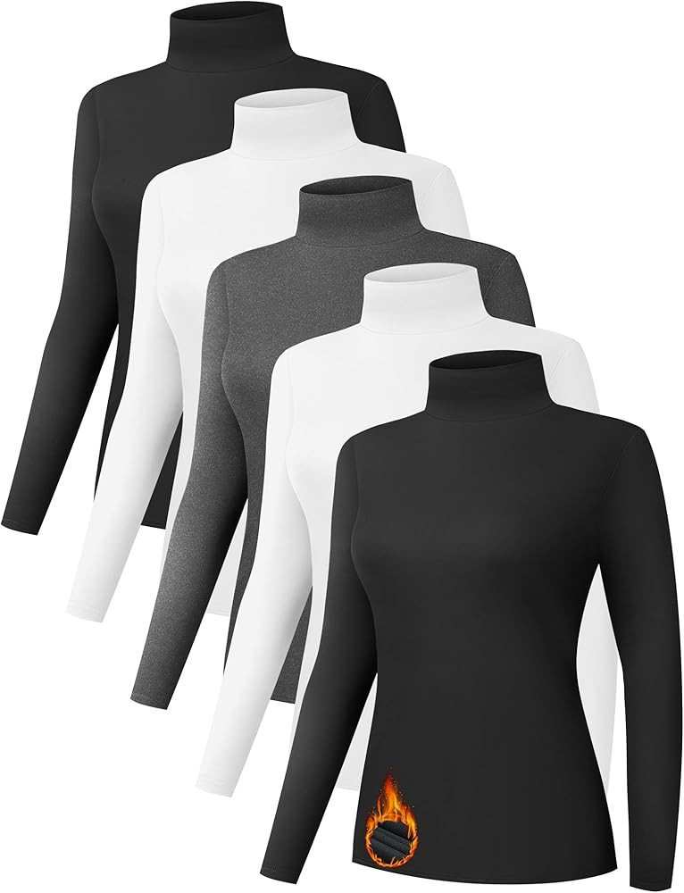 Kinglaman 5 Pack Turtleneck Thermal Shirts for Women, Turtle Neck Long Sleeve Fleece Lined Base L... | Amazon (US)