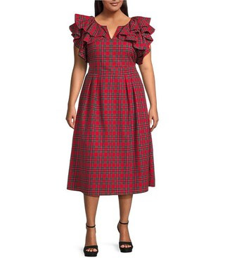 Sugarlips Plus Size Arvada Plaid Print Santana Tie Back Split V-Neck Midi Dress | Dillard's | Dillard's