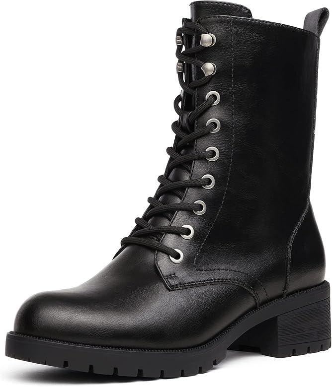 DREAM PAIRS Black Lace-up Combat Boots Mid-calf Military Winter Boot for Women | Amazon (US)