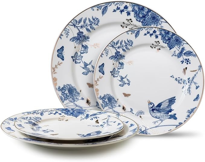 Porcelain Dinner Plates 4 Pieces, Floral Plates 8 Inch & 10 Inch Ceramic Dessert Plate Blue and W... | Amazon (US)
