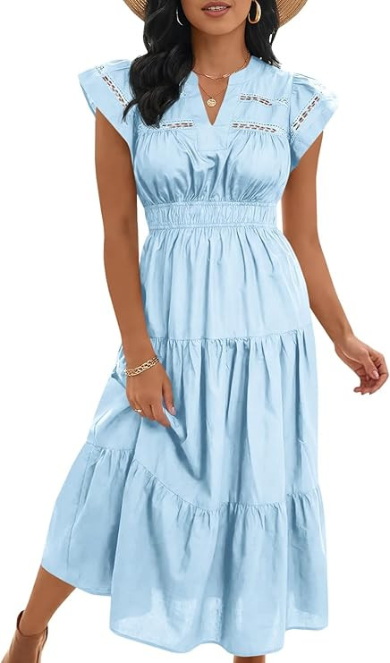 Wenrine Womens Summer Casual Midi Dress V Neck Short Sleeve Lace Elastic Waist Boho Beach Vacatio... | Amazon (US)