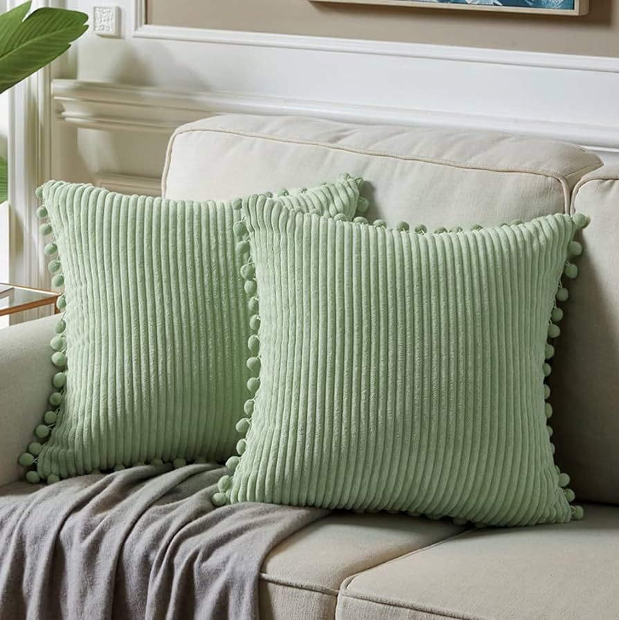 Fancy Homi Pack of 2 Sage Green Decorative Throw Pillow Covers with Pom-poms, Soft Corduroy Solid... | Amazon (US)