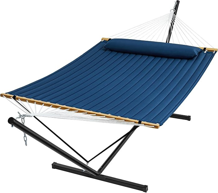 SUPERJARE Hammock with Stand, 2 Person Quilted Outdoor Hammock, Detachable Pillow & Bamboo Spread... | Amazon (US)