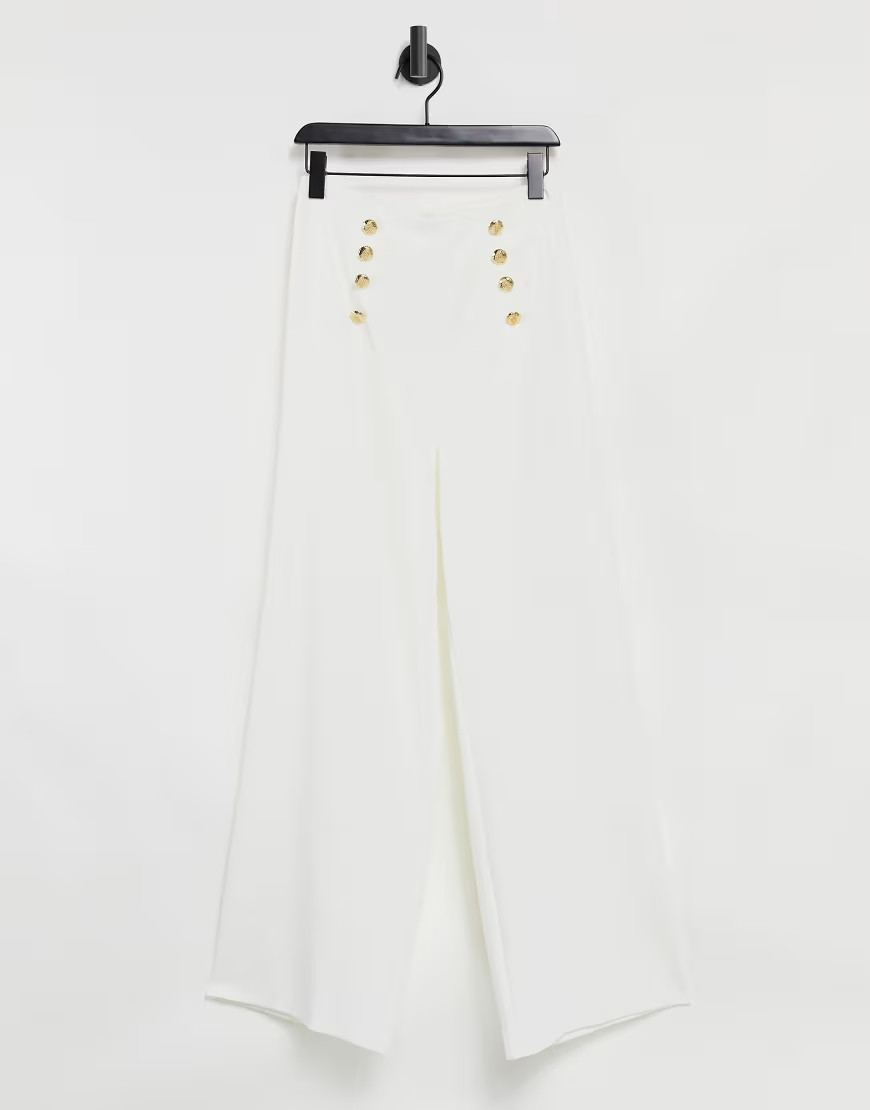 Flounce London wide leg button detail tailored pants in white | ASOS (Global)