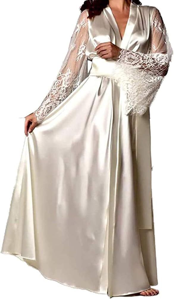 Women Sexy Lace V-Neck Long Robe Wedding Kimono Nightdress Sleepwear | Amazon (US)