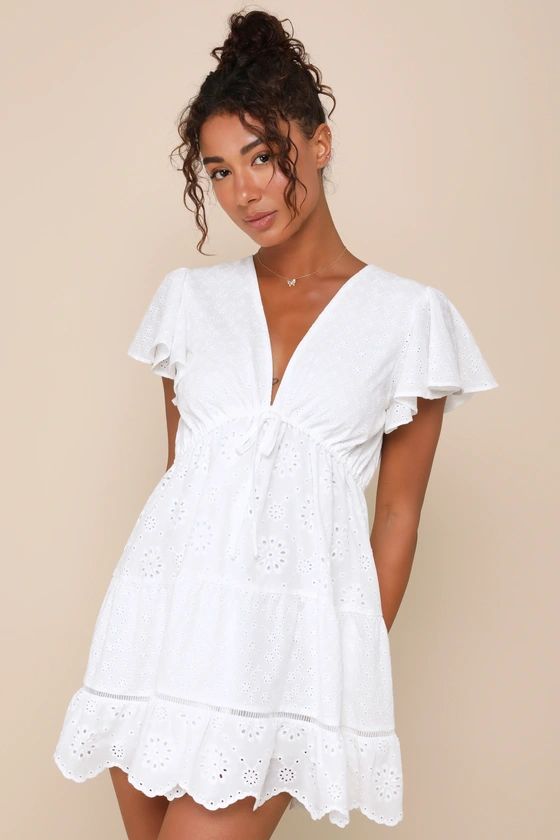 Tuscan Charm White Eyelet Embroidered Flutter Sleeve Mini Dress | Lulus