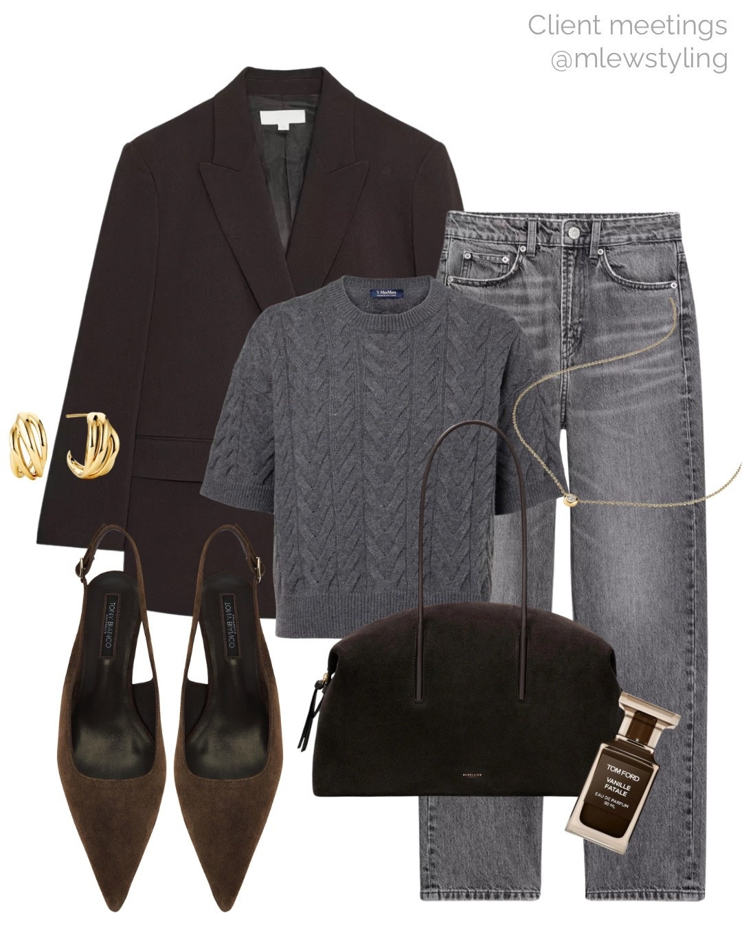 Espresso brown & grey ☕️🩶

Tags: client meetings, winter outfit, spring look, casual workwear, new-in Zara Brien blazer, short sleeved knit, DeMellier suede tote bag, chocolate brown slingback heels, sweater tee, Sephora Tom ford perfume, grey denim jeans, Mejuri gold earrings 