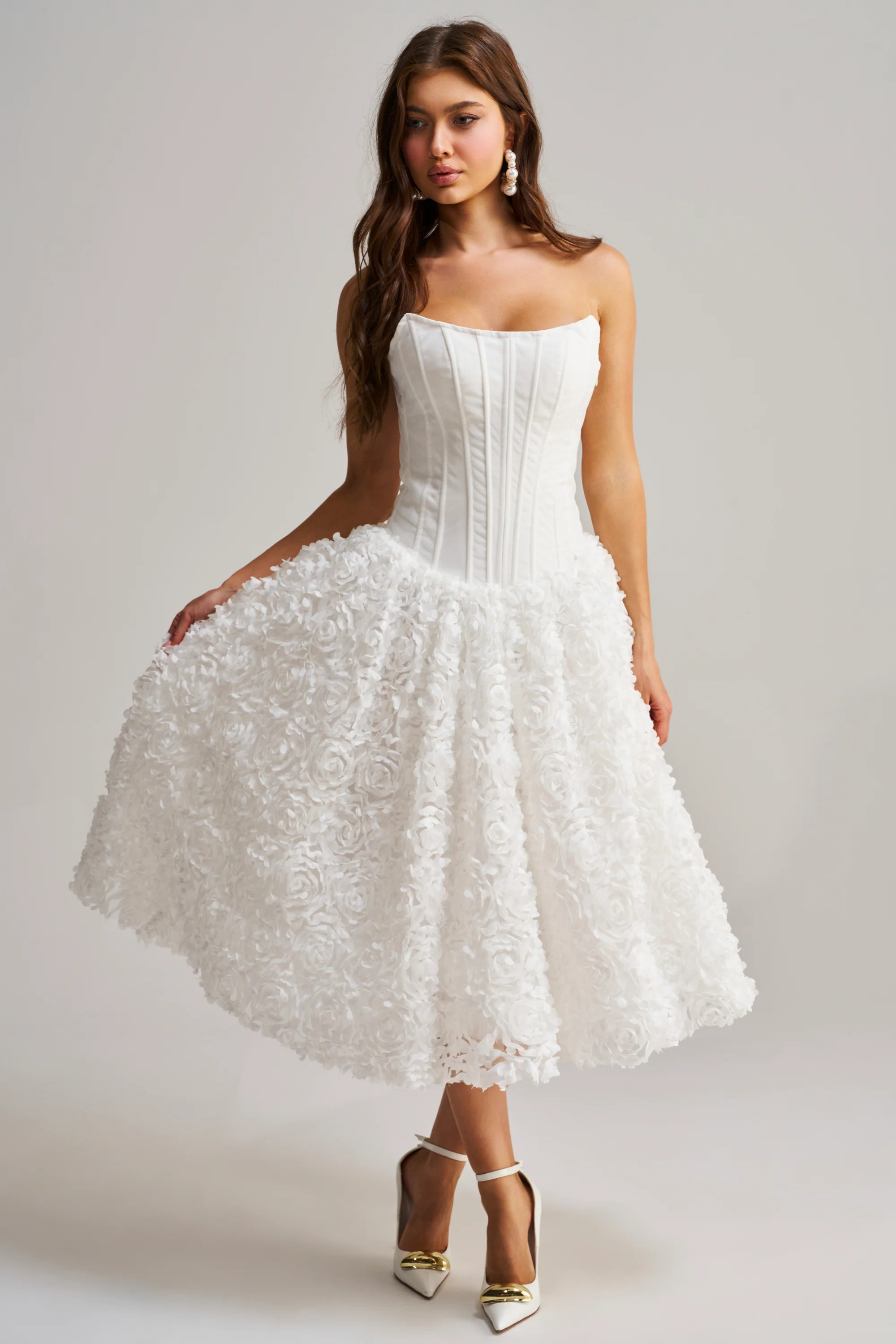 FIND ME LATER FLORAL CORSET MIDI DRESS IN WHITE | AKIRA