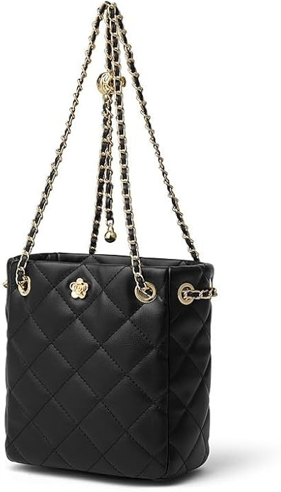 Women’s Leather Tote Bag – Vintage Black Quilted Bucket Handbag with Metal Chain Strap, Styli... | Amazon (US)