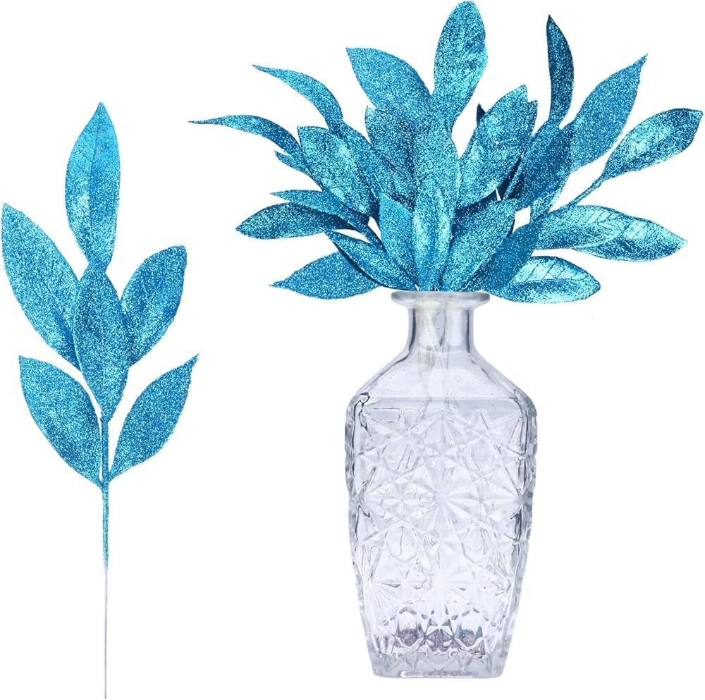 GREENTIME 12 Pack Artificial Blue Glitter Leaves 13" Fake Christmas Picks Decorative Glitter Stic... | Amazon (US)
