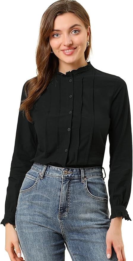 Allegra K Women's Mock Neck Blouse Ruffle Work Office Pleated Button Up Shirt | Amazon (US)