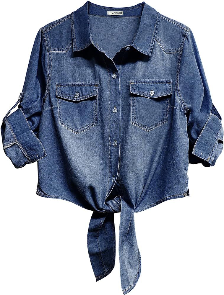 luvamia Denim Tops for Women Trendy Button Down Denim Shirt Tie Front Blouse 3/4 Sleeve Jean Cham... | Amazon (US)